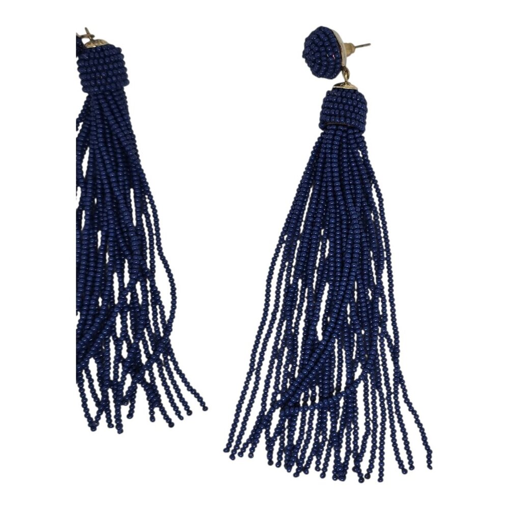 Beaded Tassel Drop Earrings With‎ Navy Blue Beads And Gold-Tone Posts - Picture 2 of 5